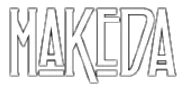 Logo blanc avec l'inscription "MAKEDA" en typographie moderne et stylisée, avec bordure noires sur fond transparent.