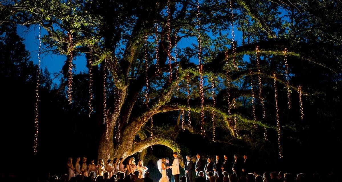 Cérémonie de mariage en plein air, de nuit, sous un grand chêne décoré de guirlandes lumineuses suspendues. Les mariés se tiennent face à face, entourés de leurs témoins, tandis que les invités sont assis, éclairés par des bougies disposées au sol. L'éclairage crée une ambiance magique et chaleureuse.